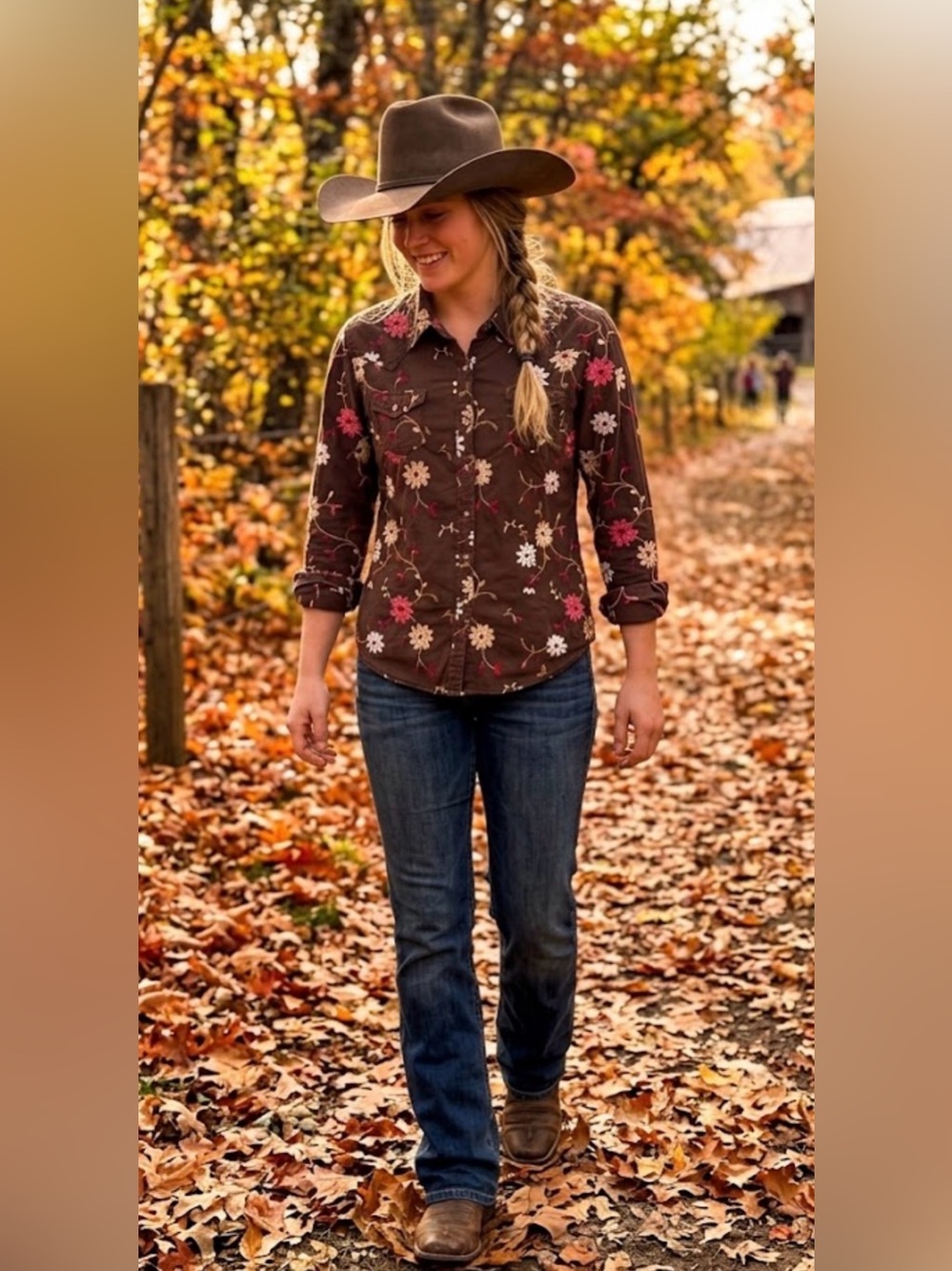Ariat Women Brown Floral Embroidered Western Pearl Snap Top Shirt- Medium